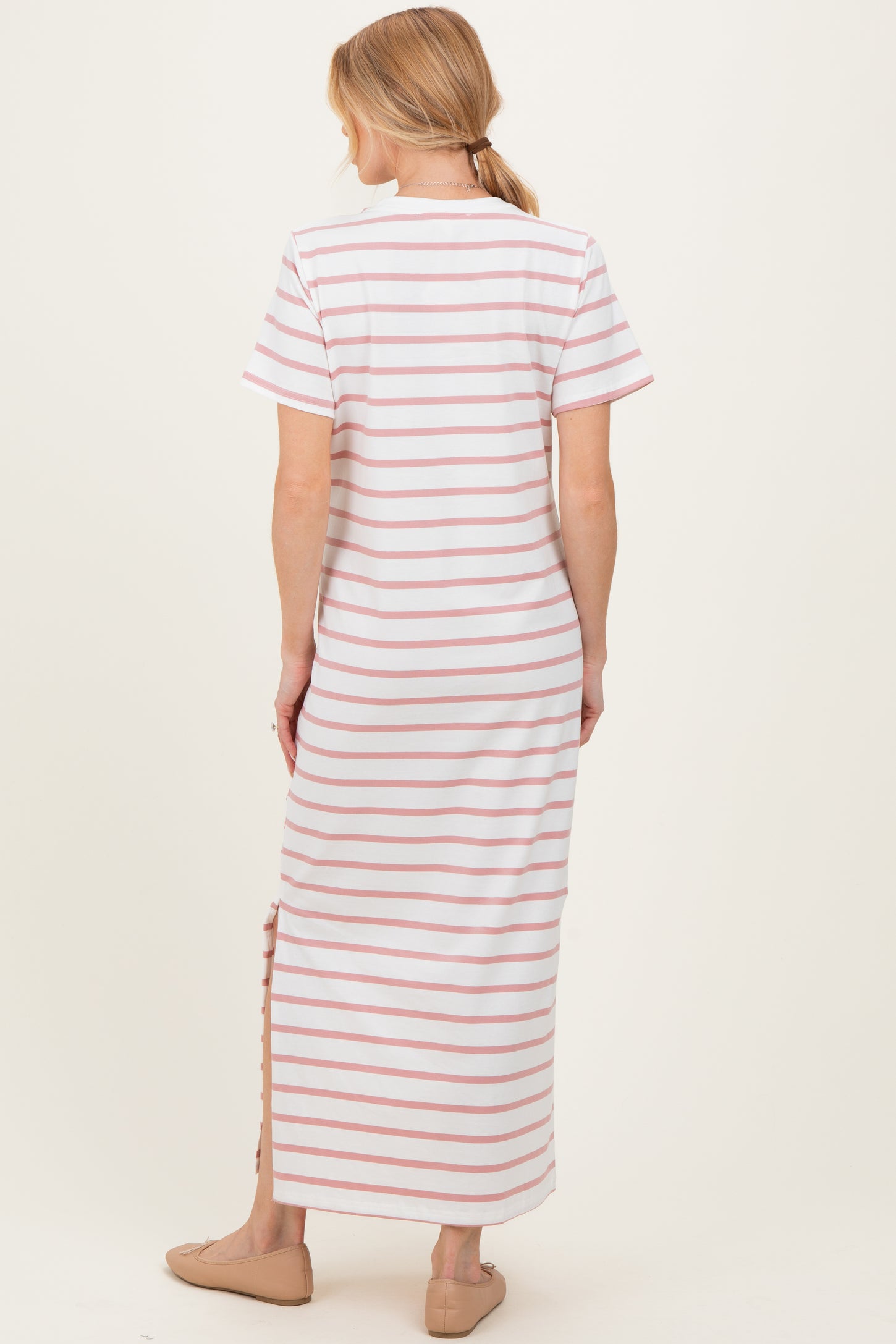 Peach Striped Side Slit Maternity Maxi Dress