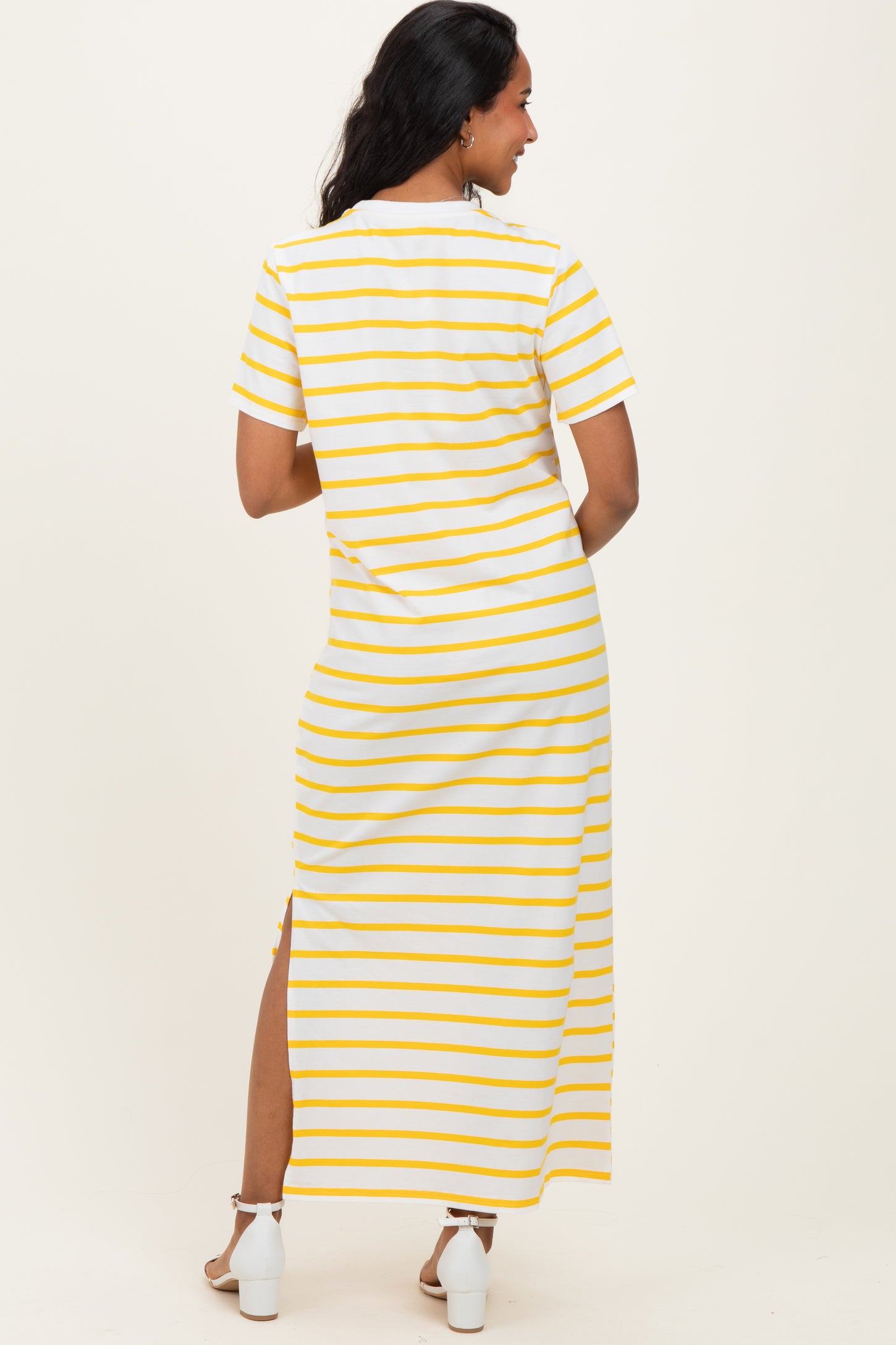 Yellow Striped Side Slit Maternity Maxi Dress Yellow Striped Side Slit Maternity Maxi Dress