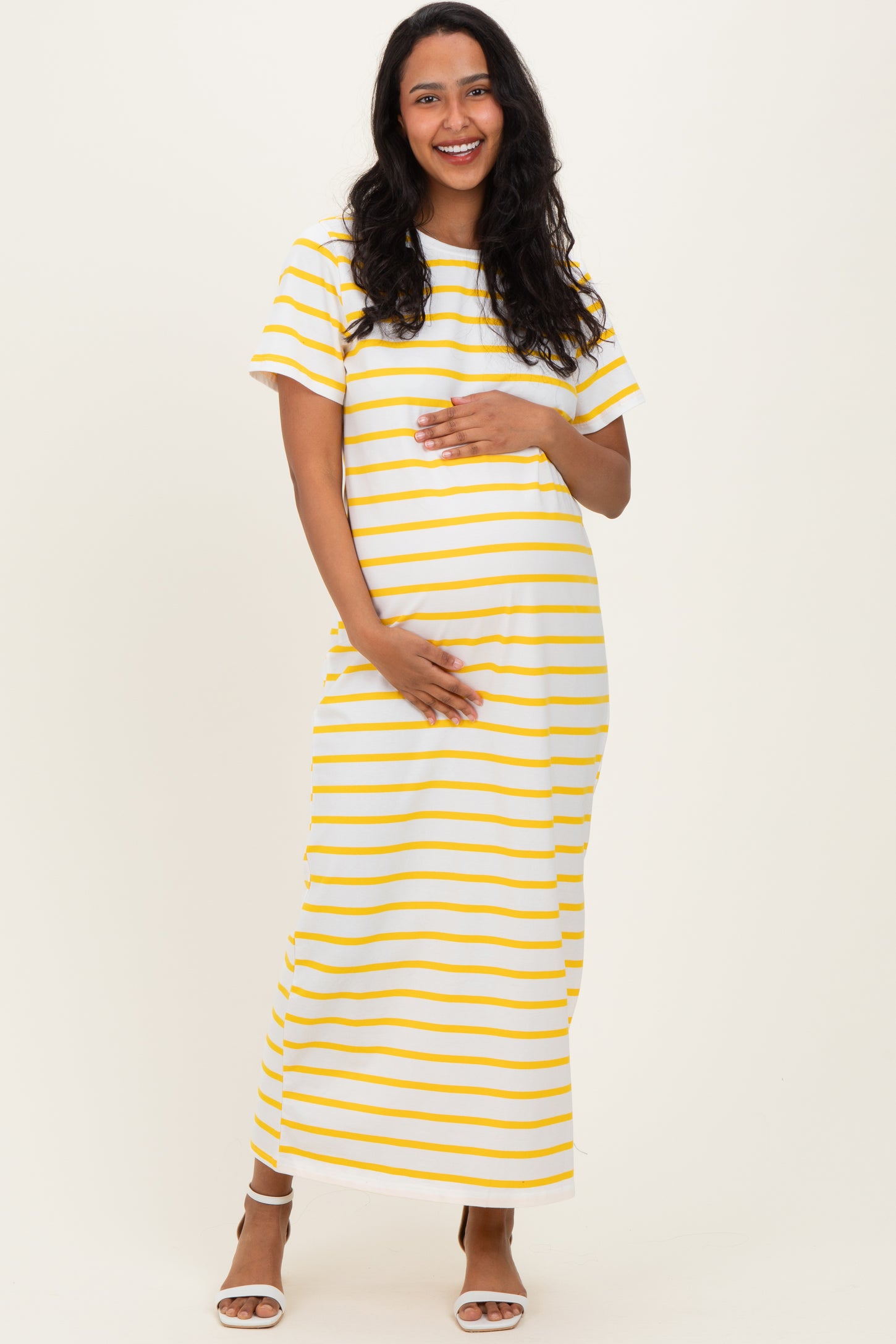 Yellow Striped Side Slit Maternity Maxi Dress