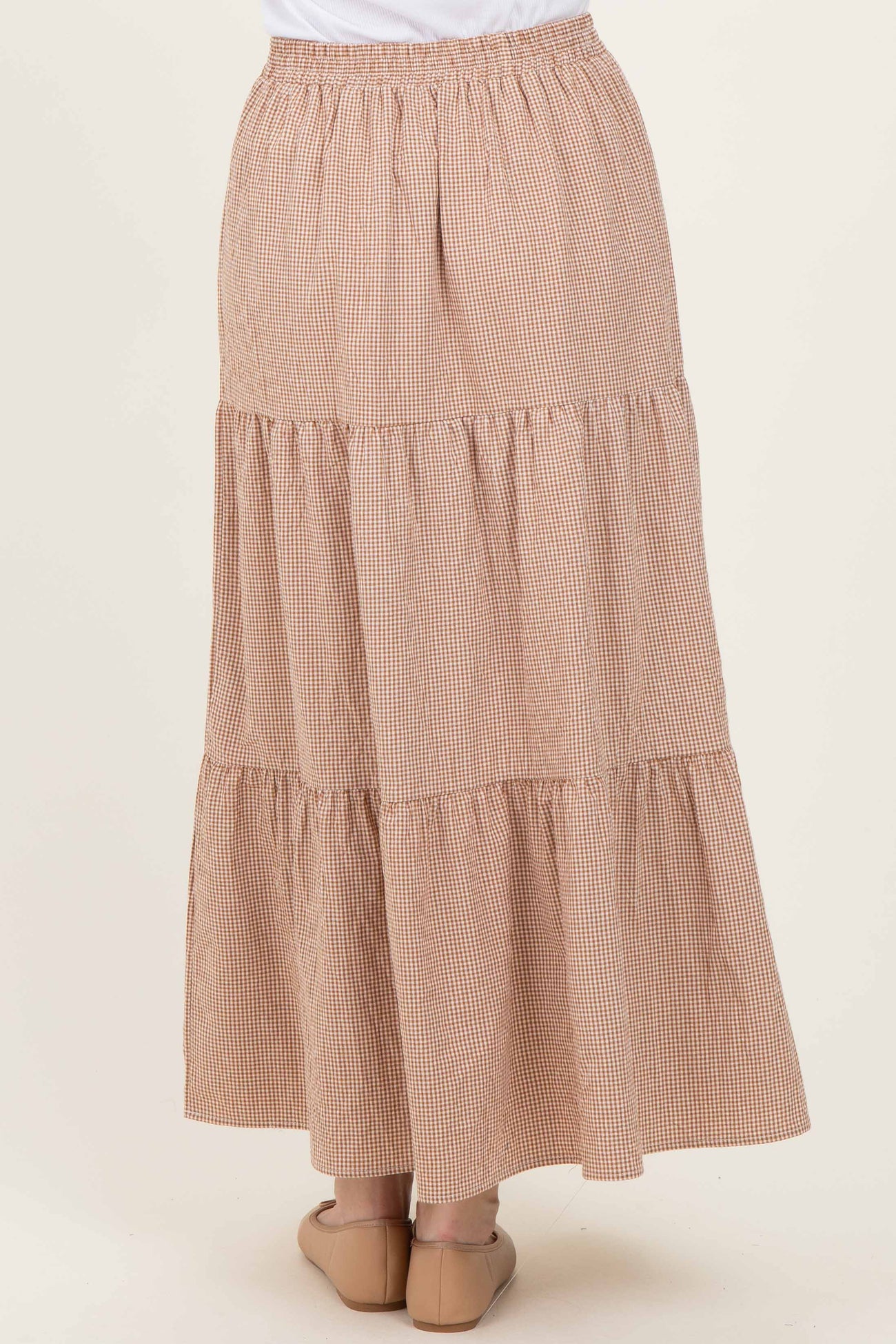 Taupe Gingham Tiered Maxi Skirt