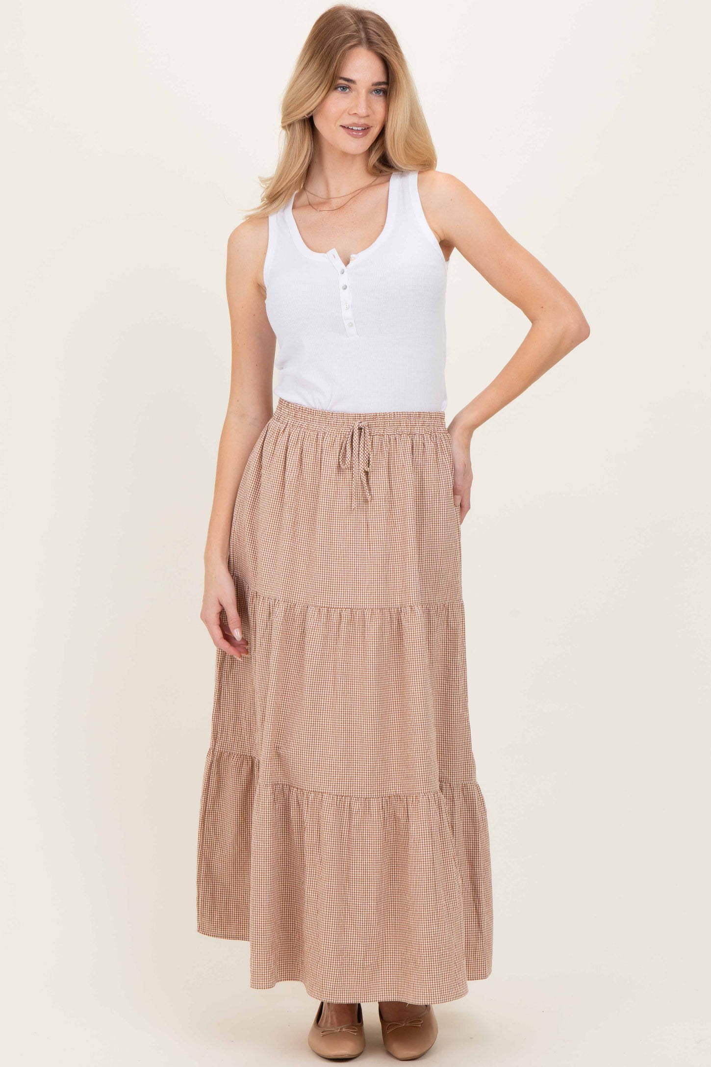 Taupe Gingham Tiered Maxi Skirt