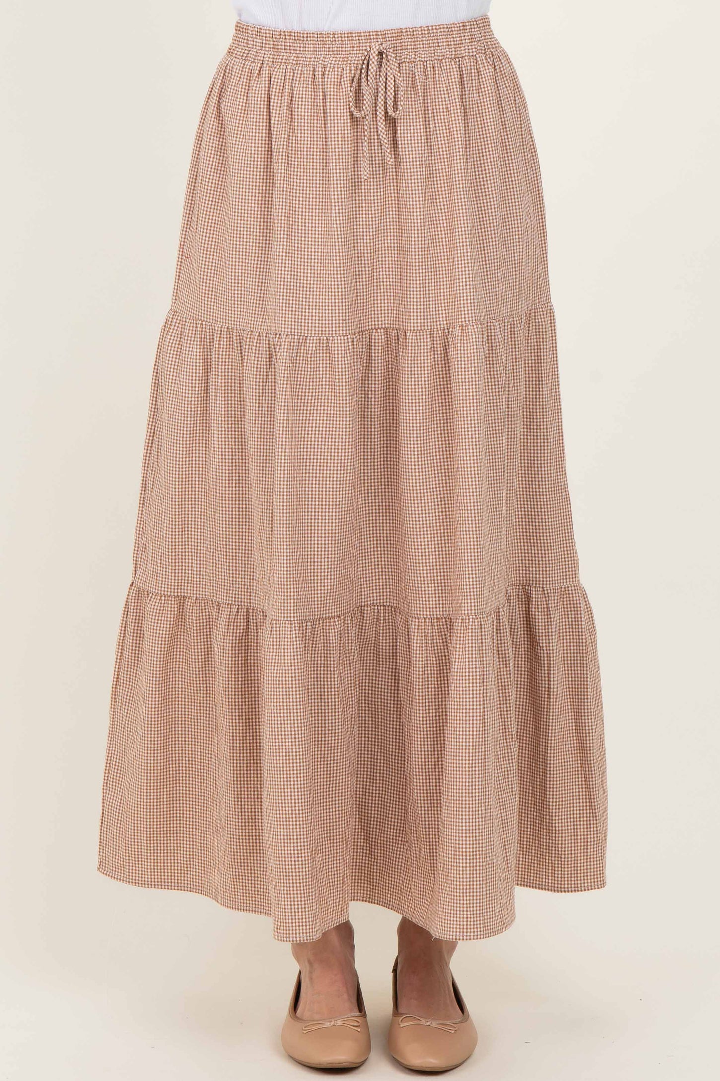 Taupe Gingham Tiered Maxi Skirt