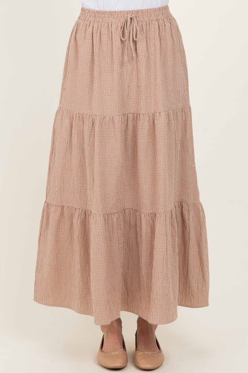 Taupe Gingham Tiered Maxi Skirt
