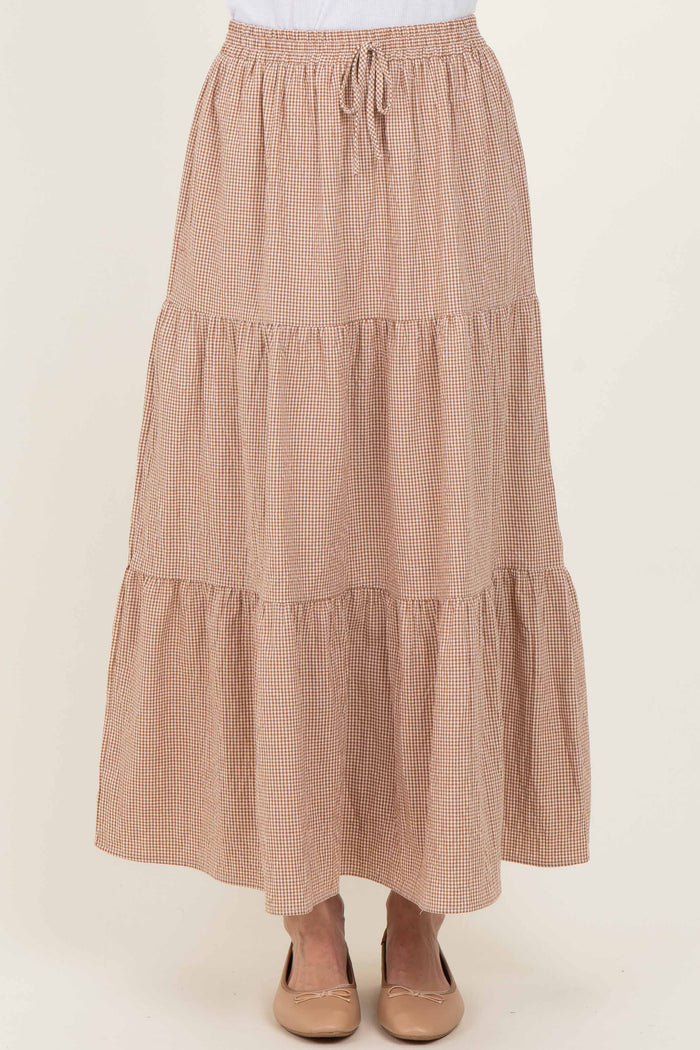 Taupe Gingham Tiered Maxi Skirt