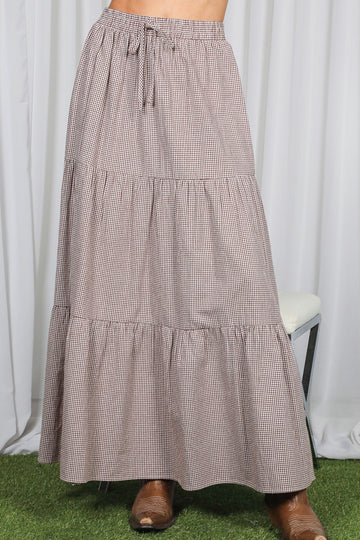 Brown Gingham Tiered Maxi Skirt