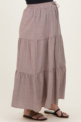 maternity wear brown gingham tiered maxi skirt with elastic waistband, model wearing black sandals