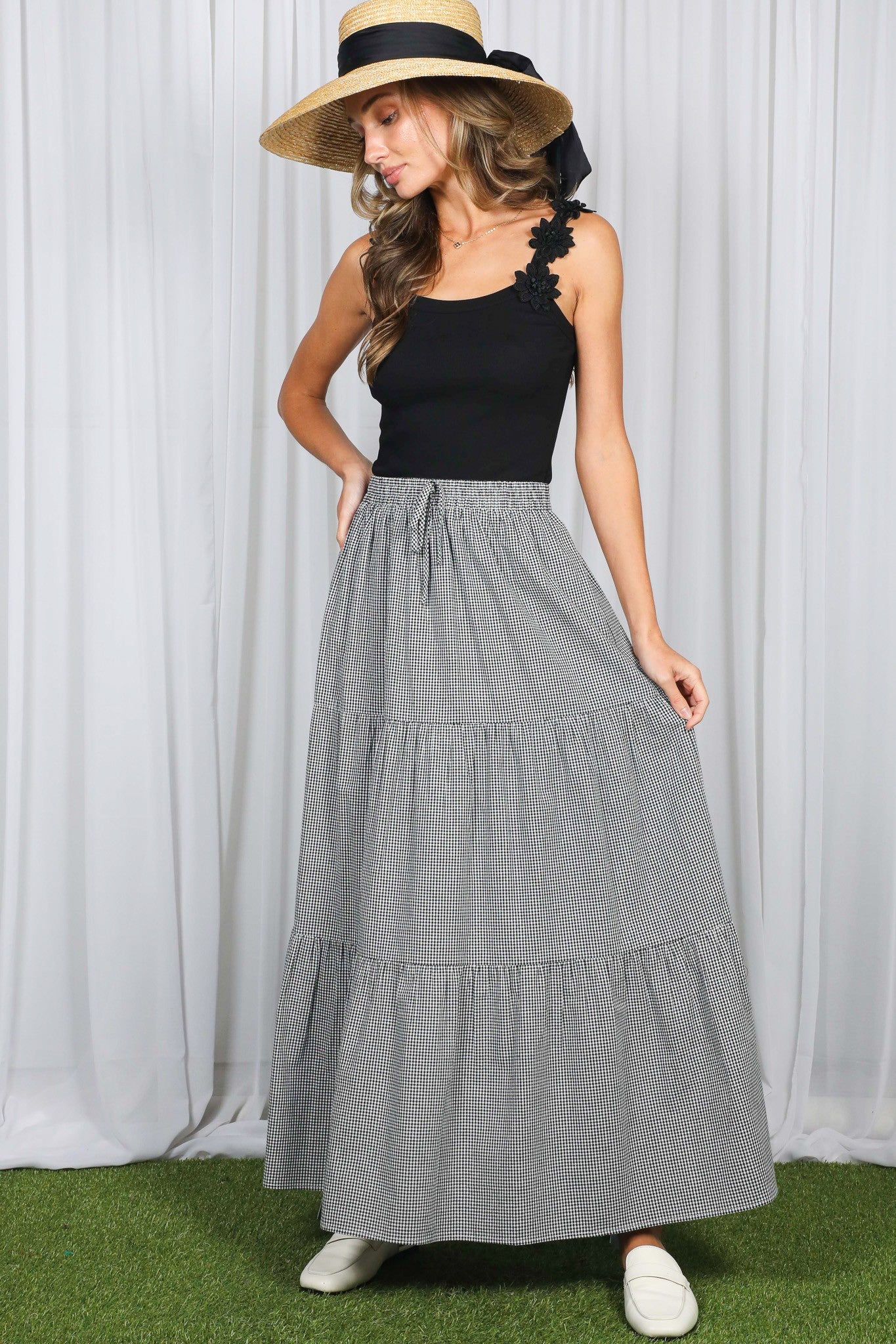 Black Gingham Tiered Maxi Skirt