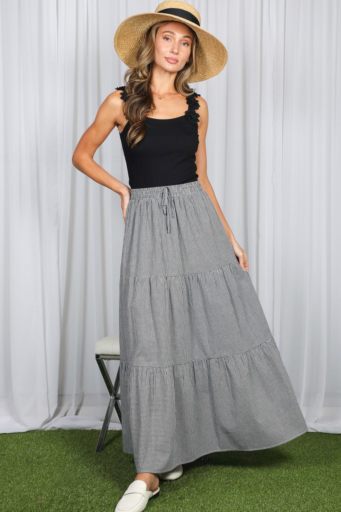 Black Gingham Tiered Maxi Skirt