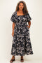 Black Floral Puff Sleeve Smocked Waist Plus Midi Dress