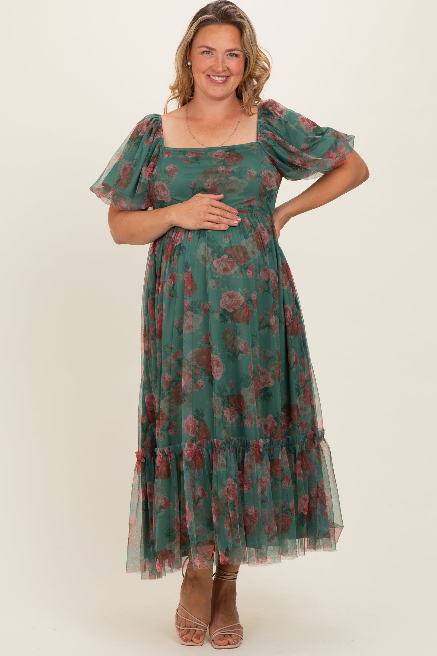 knee length dresses for ladies Forest Green Rose Print Tulle Overlay Maternity Plus Midi Dress – PinkBlush