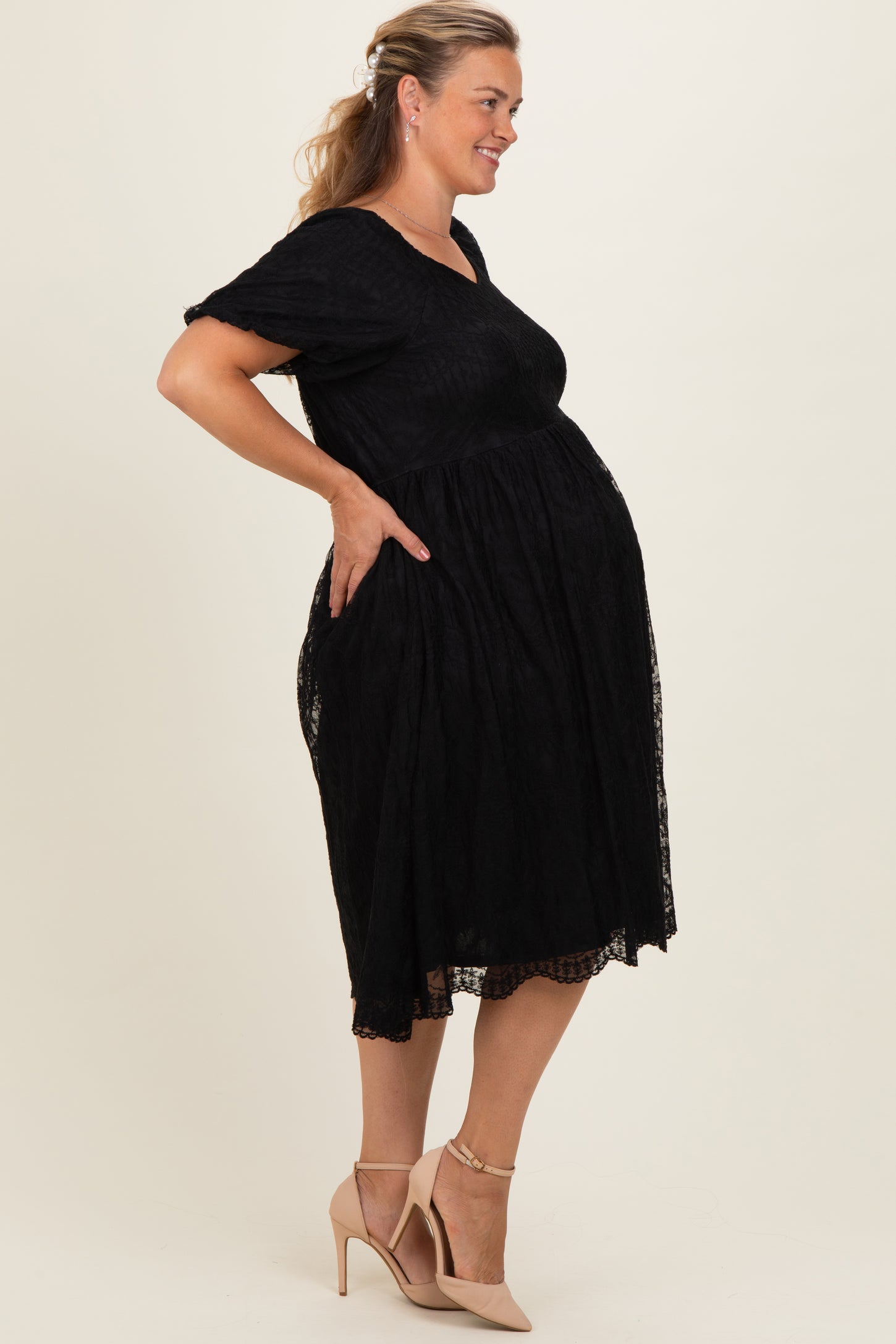 Black Lace Sweetheart Neck Short Sleeve Maternity Plus Midi Dress Black Lace Sweetheart Neck Short Sleeve Maternity Plus Midi Dress
