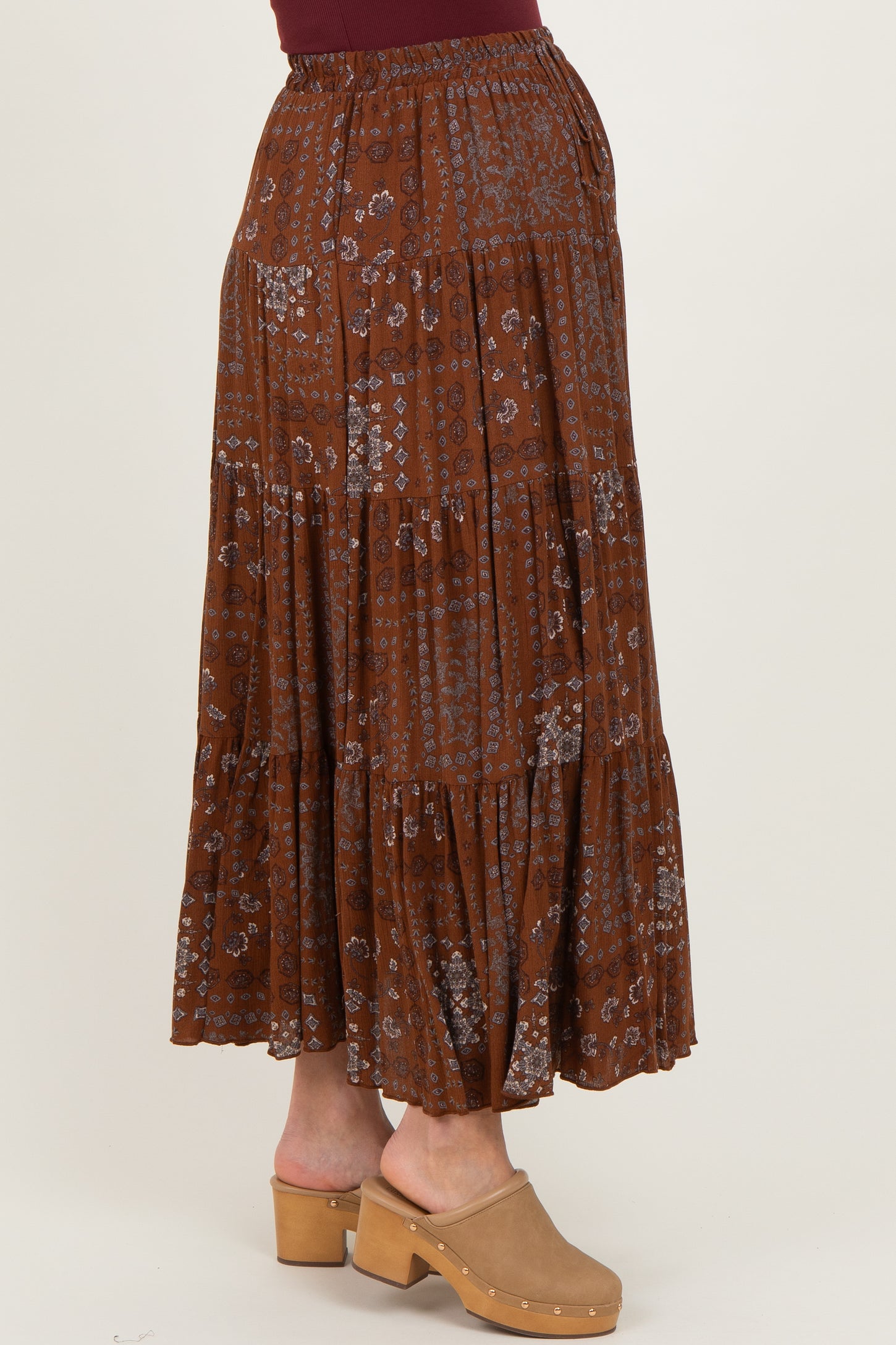Brown Printed Tiered Maternity Maxi Skirt