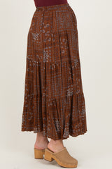 Brown Printed Tiered Maternity Maxi Skirt
