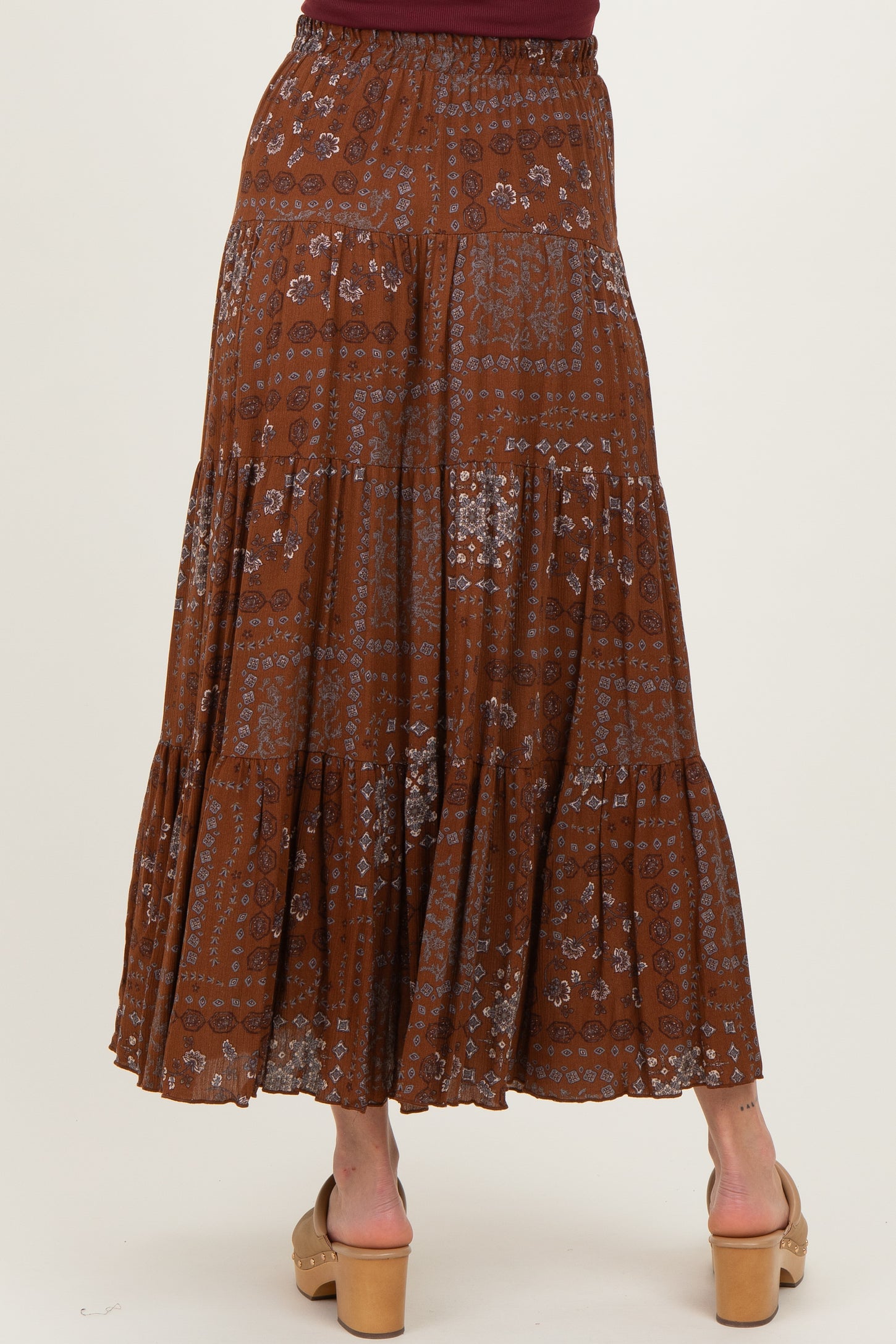 Brown Printed Tiered Maternity Maxi Skirt
