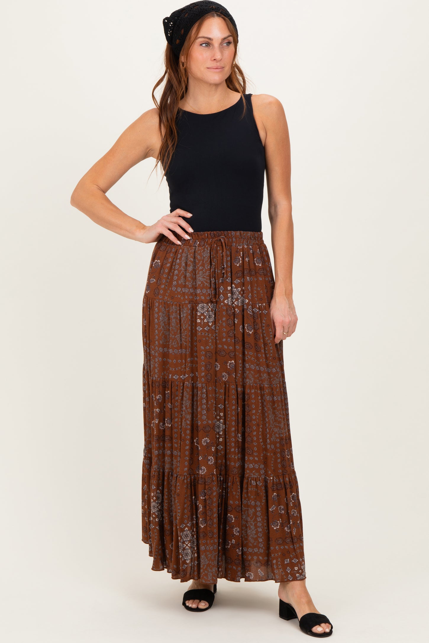 Brown Printed Tiered Maternity Maxi Skirt