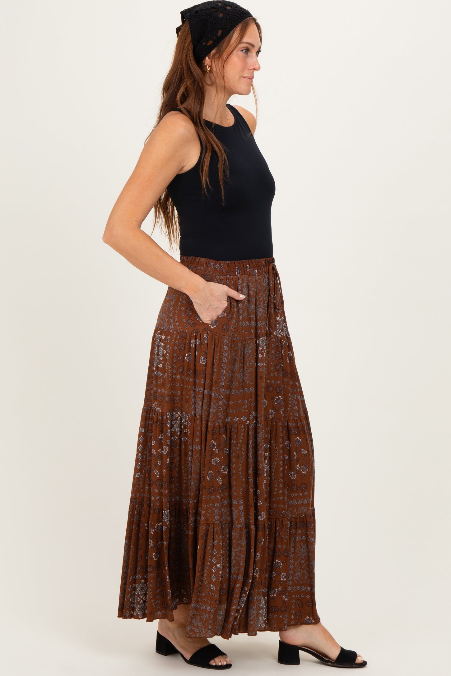 Brown Printed Tiered Maxi Skirt