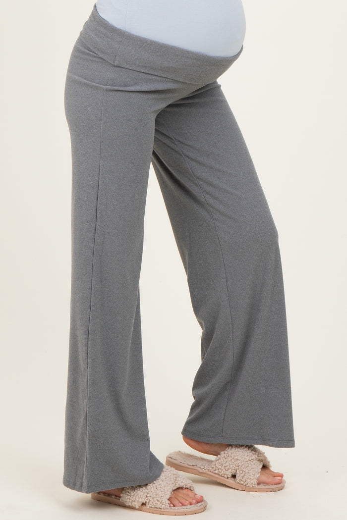 maternity wear gray wide-leg pants worn by a model with a visible baby bump
