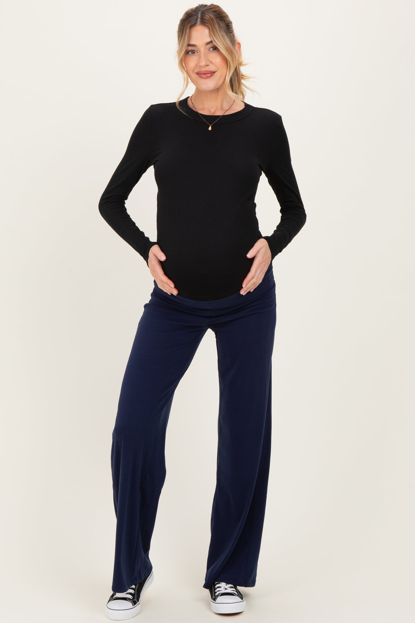 Navy Wide Leg Fold Over Maternity Lounge Pants