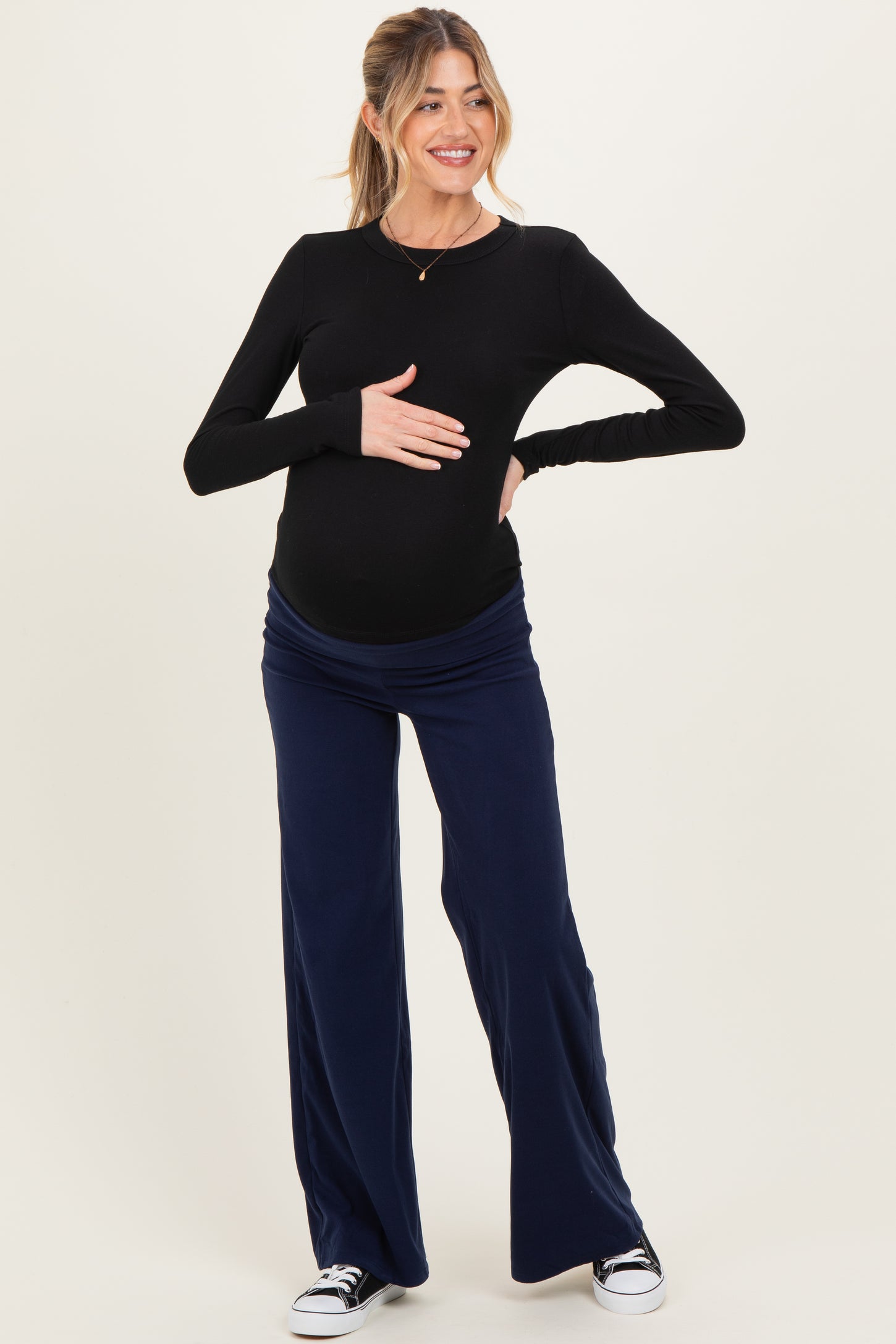 Navy Wide Leg Fold Over Maternity Lounge Pants