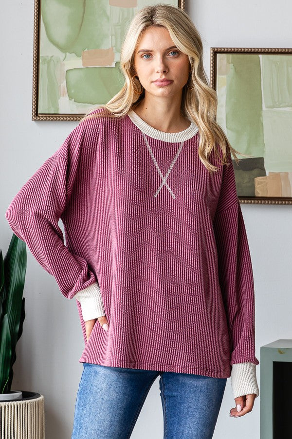 Burgundy Textured Rib Relaxed Fit Maternity Pullover Top