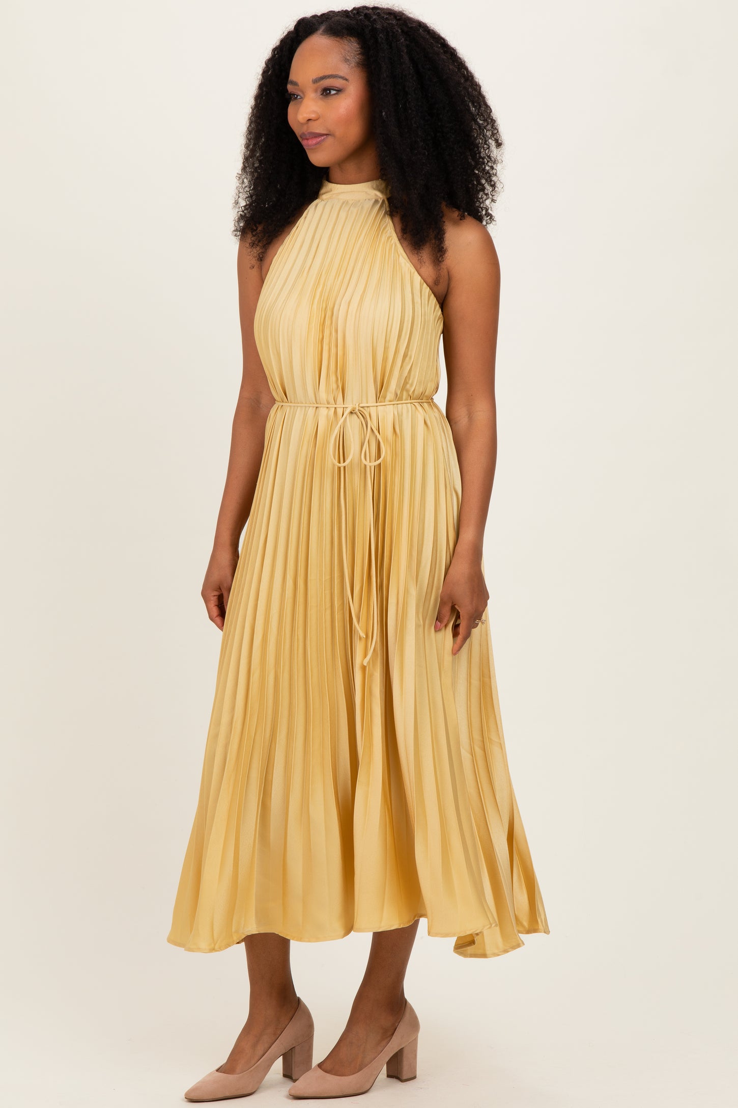 yellow pleated halter dress Yellow Pleated Halter Dress