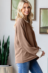 Brown Textured Rib Relaxed Fit Pullover Top