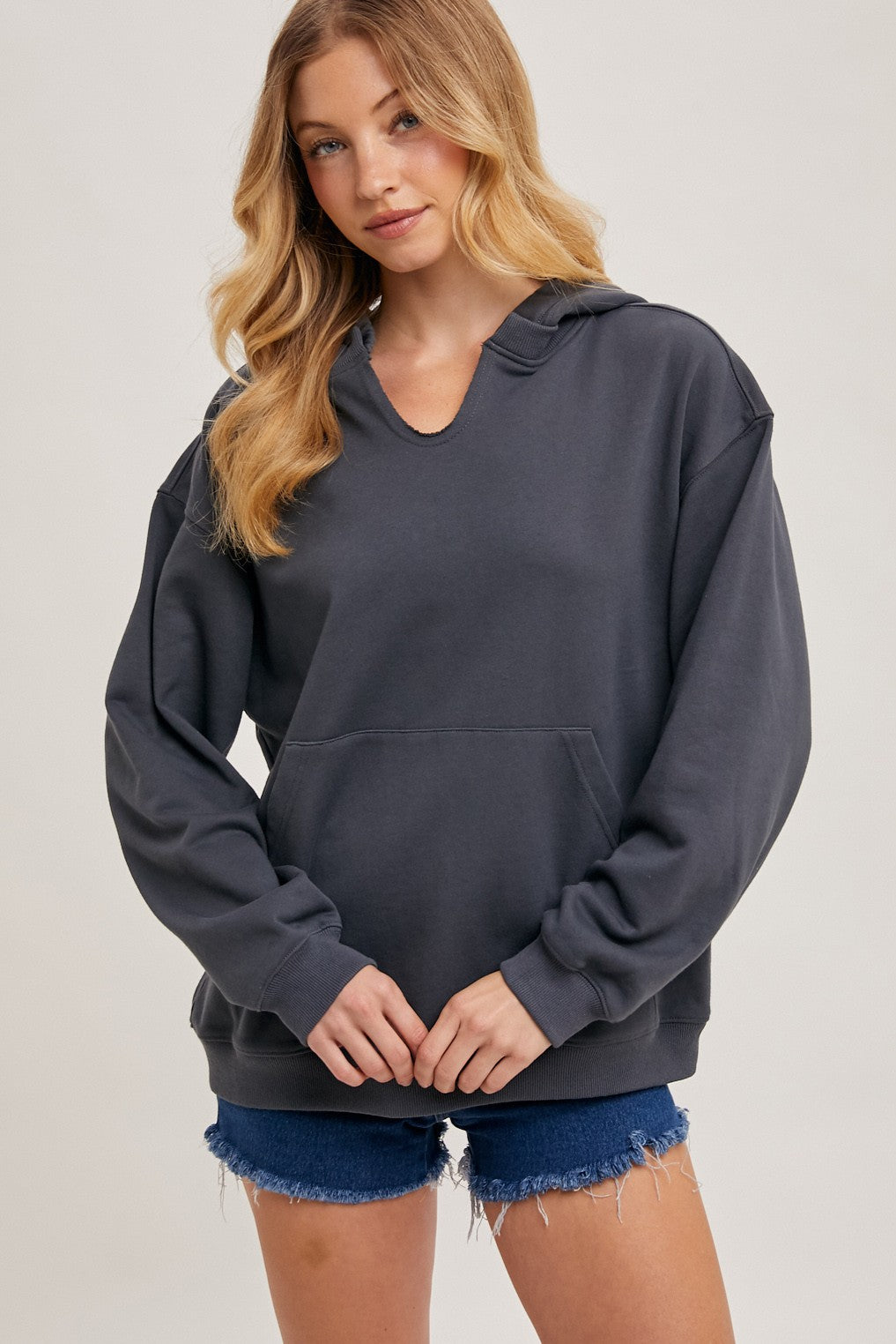 Ash Grey Split Neckline Hoodie