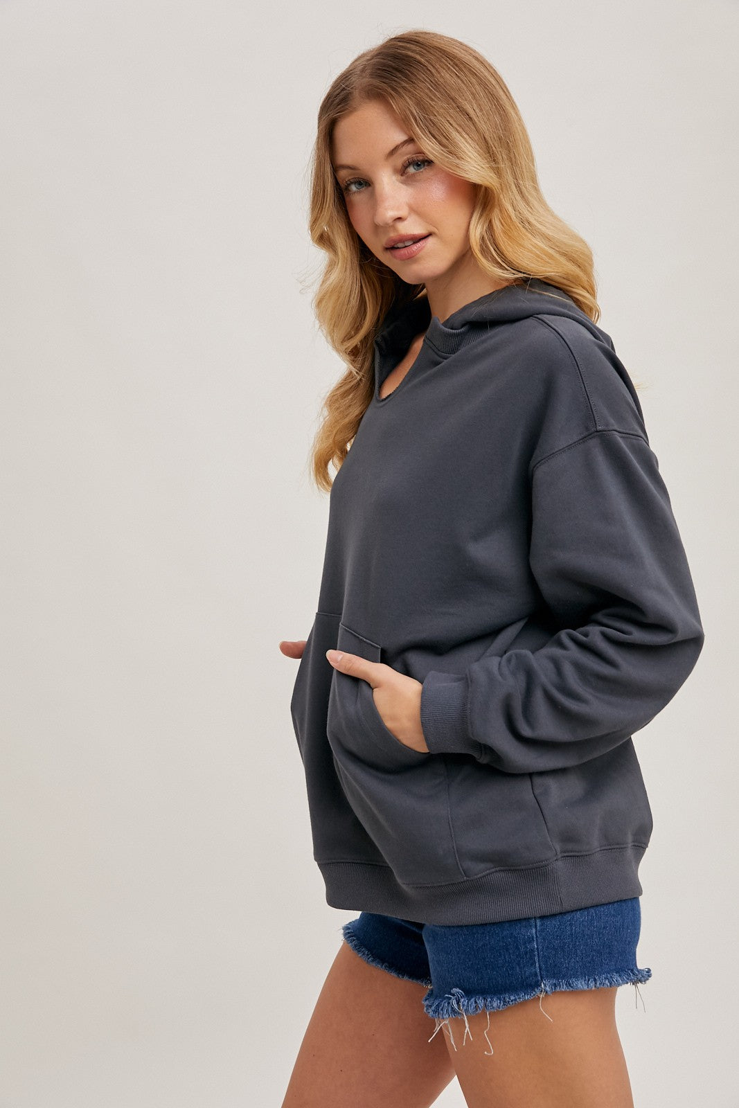 Ash Grey Split Neckline Hoodie