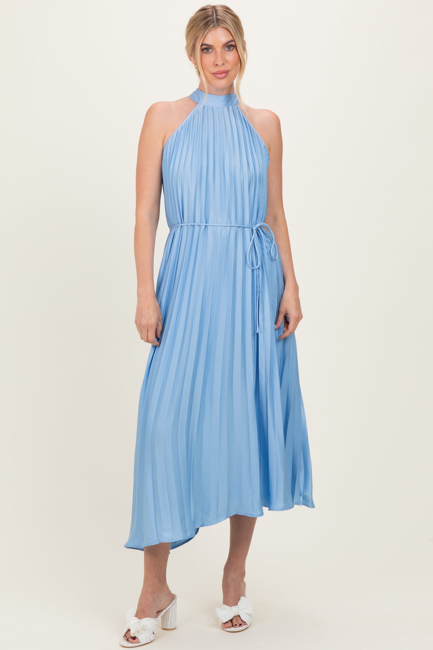 Light Blue Pleated Halter Dress – PinkBlush
