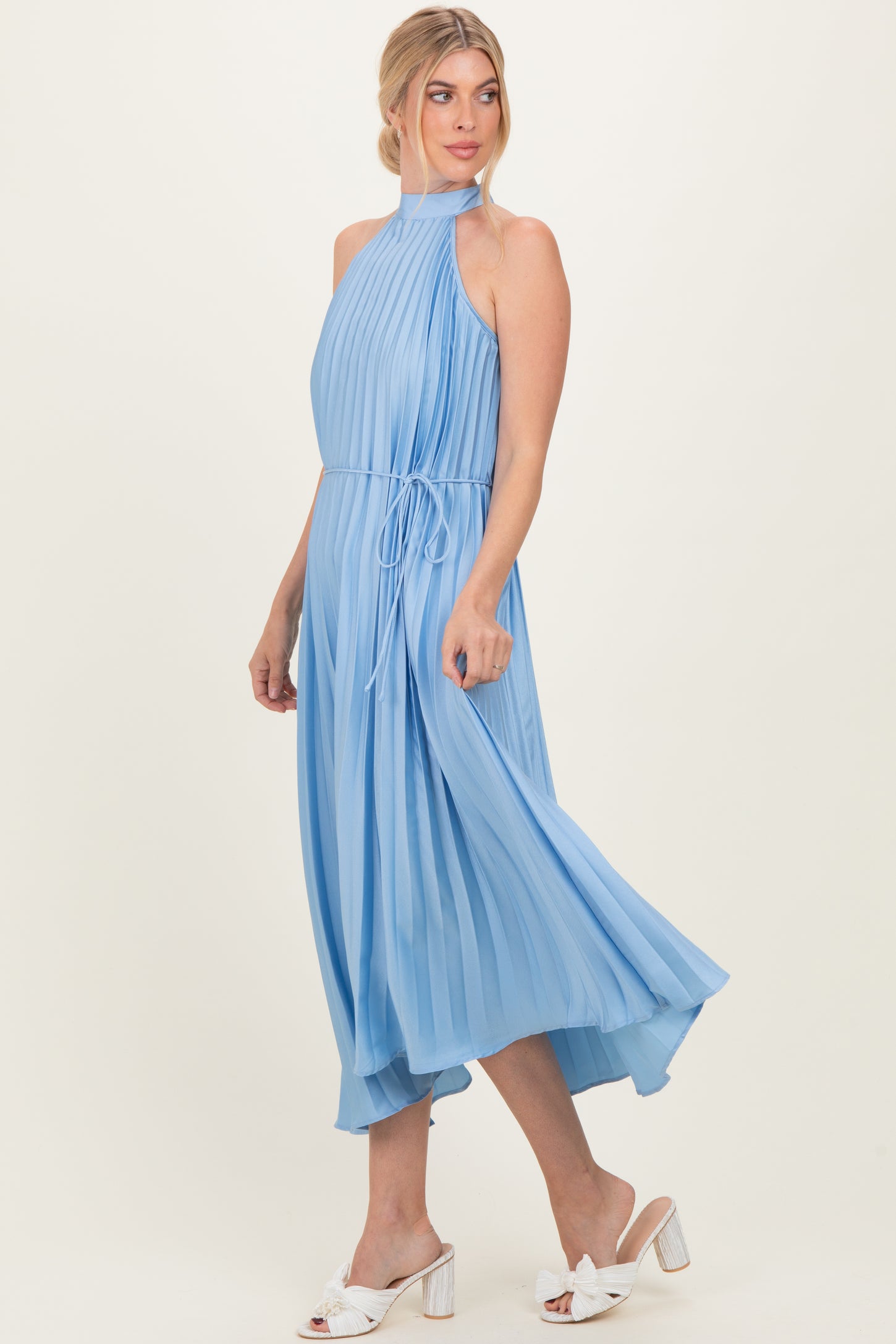 Light Blue Pleated Halter Dress – PinkBlush