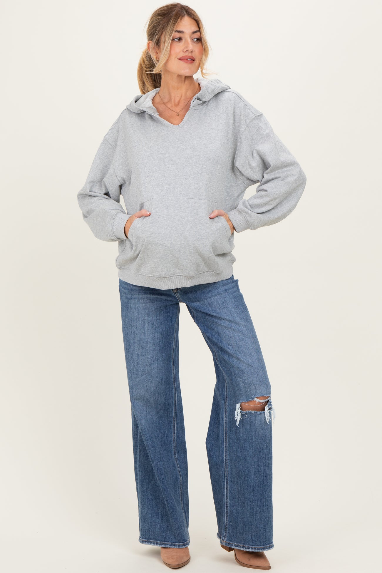 Heather Grey Split Neckline Maternity Hoodie