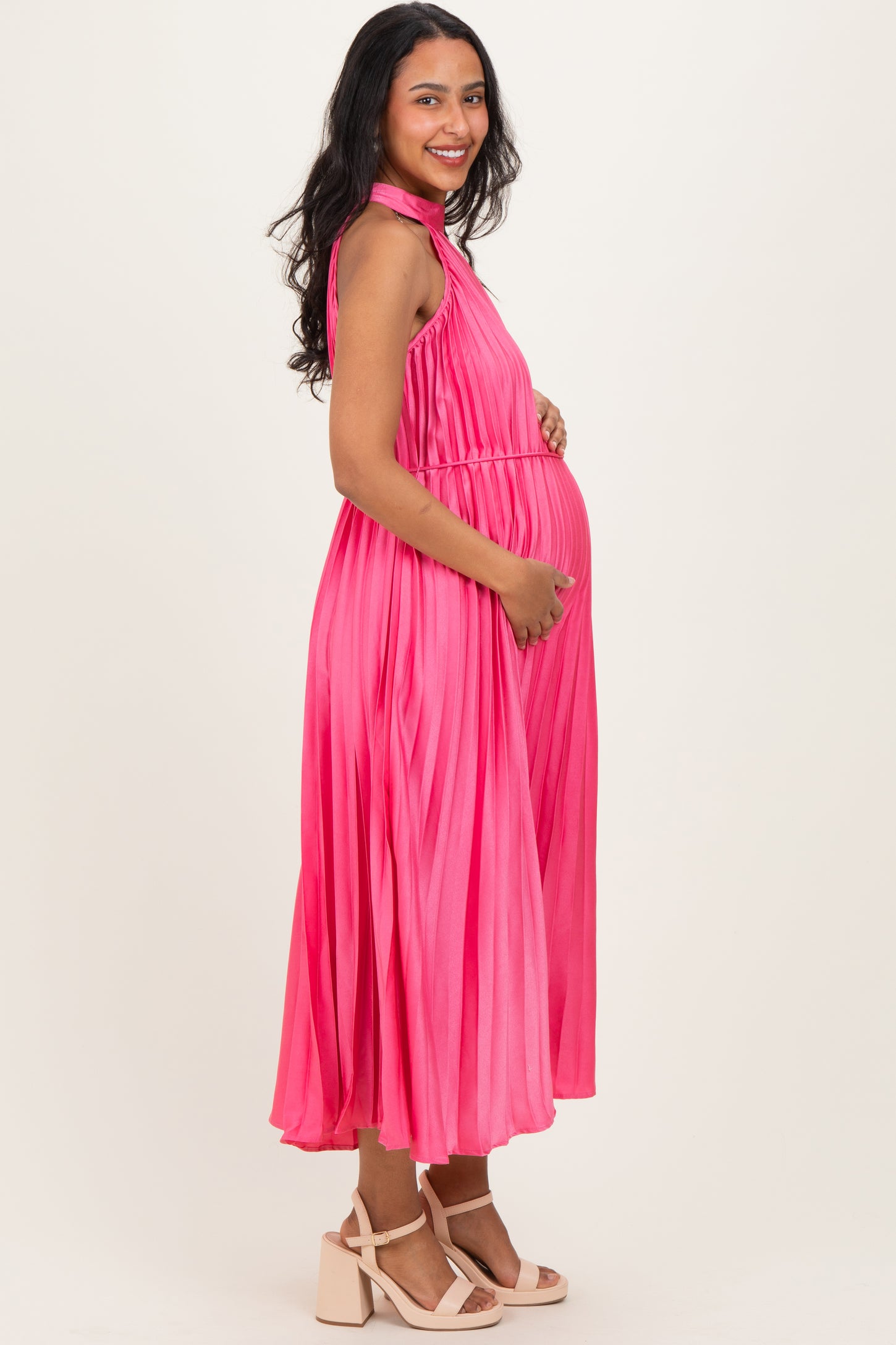 Fuchsia Pleated Maternity Halter Dress