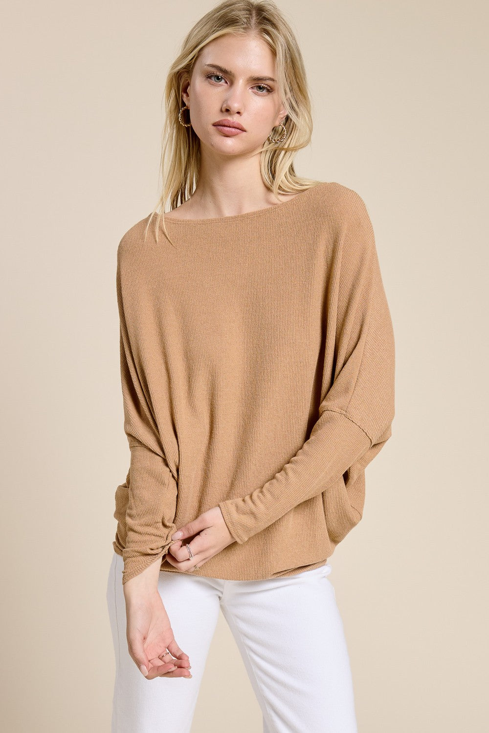 Camel Ribbed Maternity Dolman Top