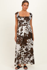Brown Floral Ruffle Off Shoulder Maternity Maxi Dress