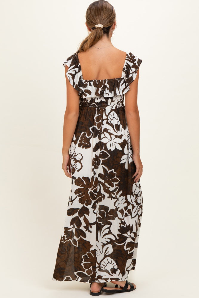 Brown Floral Ruffle Off Shoulder Maternity Maxi Dress