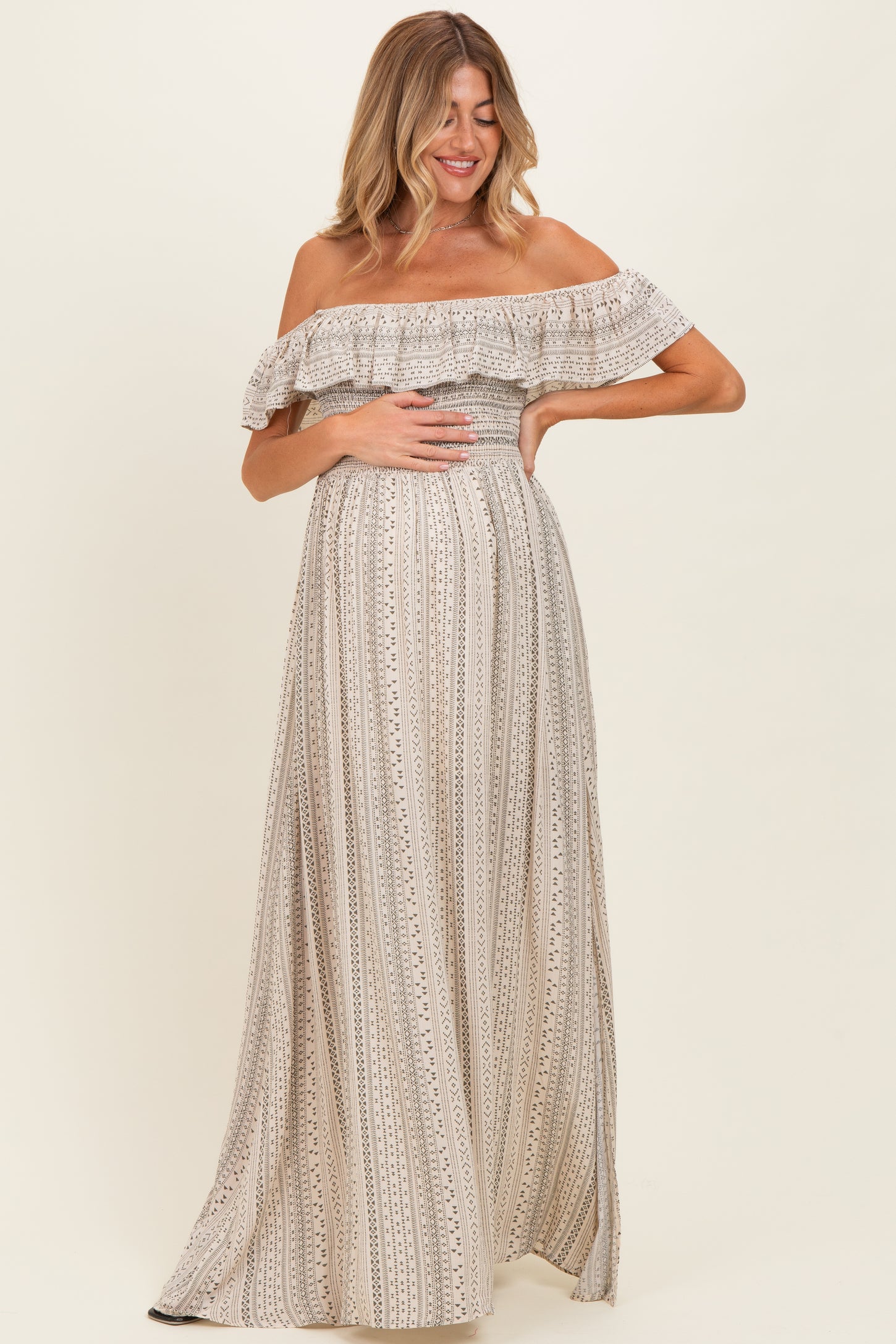 Beige Ruffle Off Shoulder Maternity Maxi Dress – PinkBlush