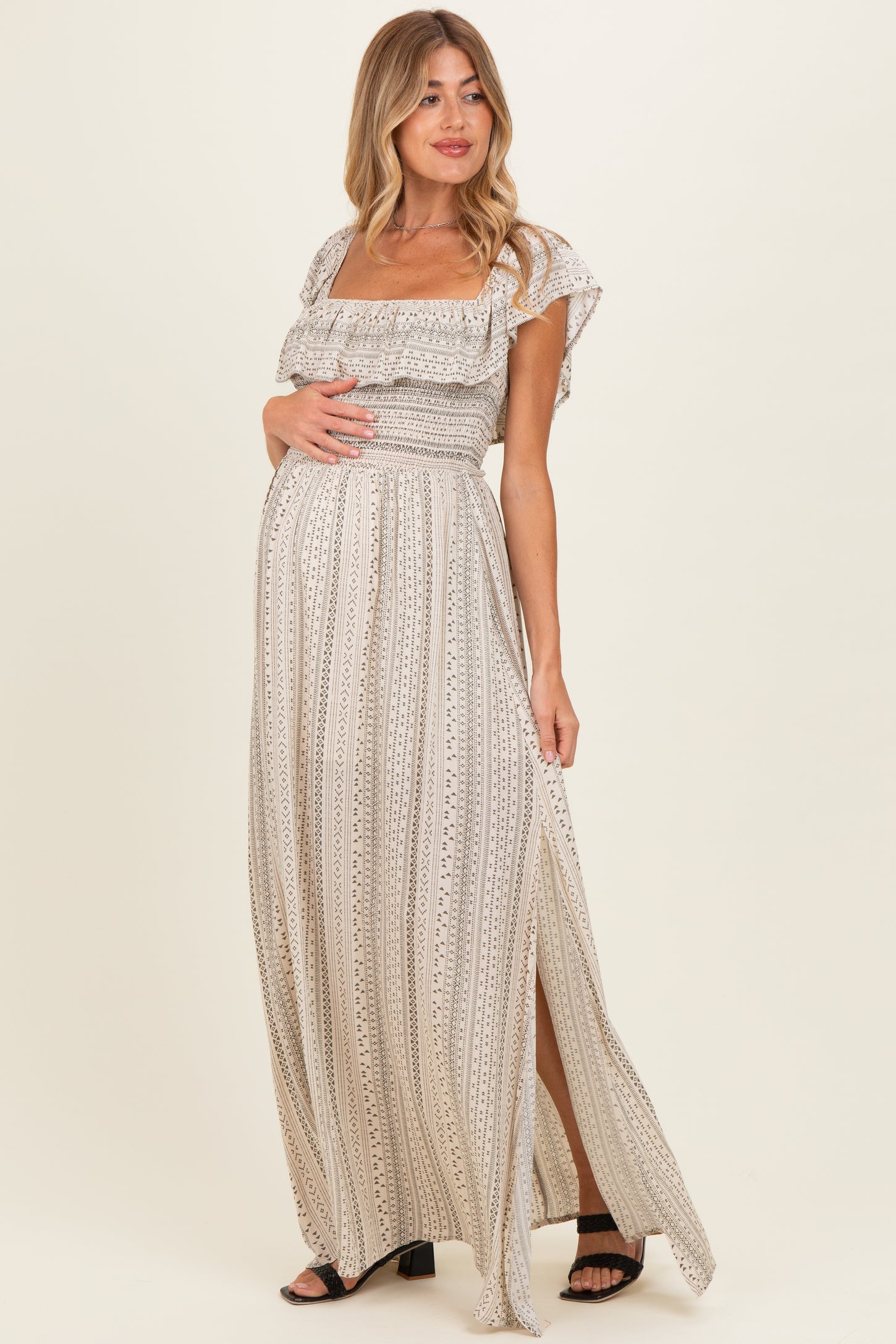 Beige Ruffle Off Shoulder Maternity Maxi Dress – PinkBlush