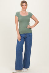Sage Ribbed Rounded Square Neck Top