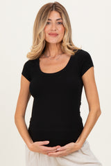 Black Ribbed Rounded Square Neck Maternity Top
