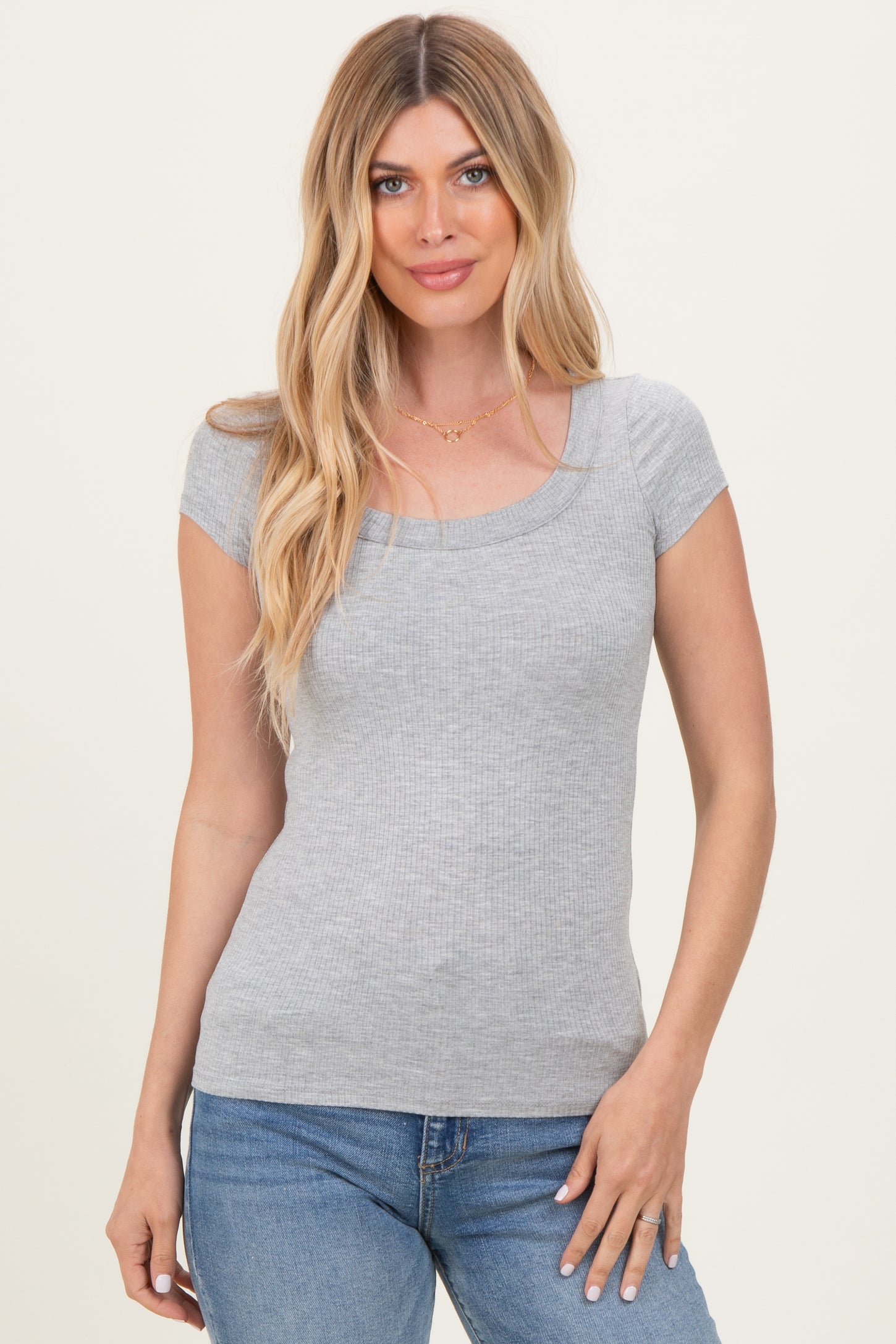 Heather Grey Ribbed Rounded Square Neck Maternity Top