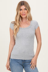 Heather Grey Ribbed Rounded Square Neck Maternity Top