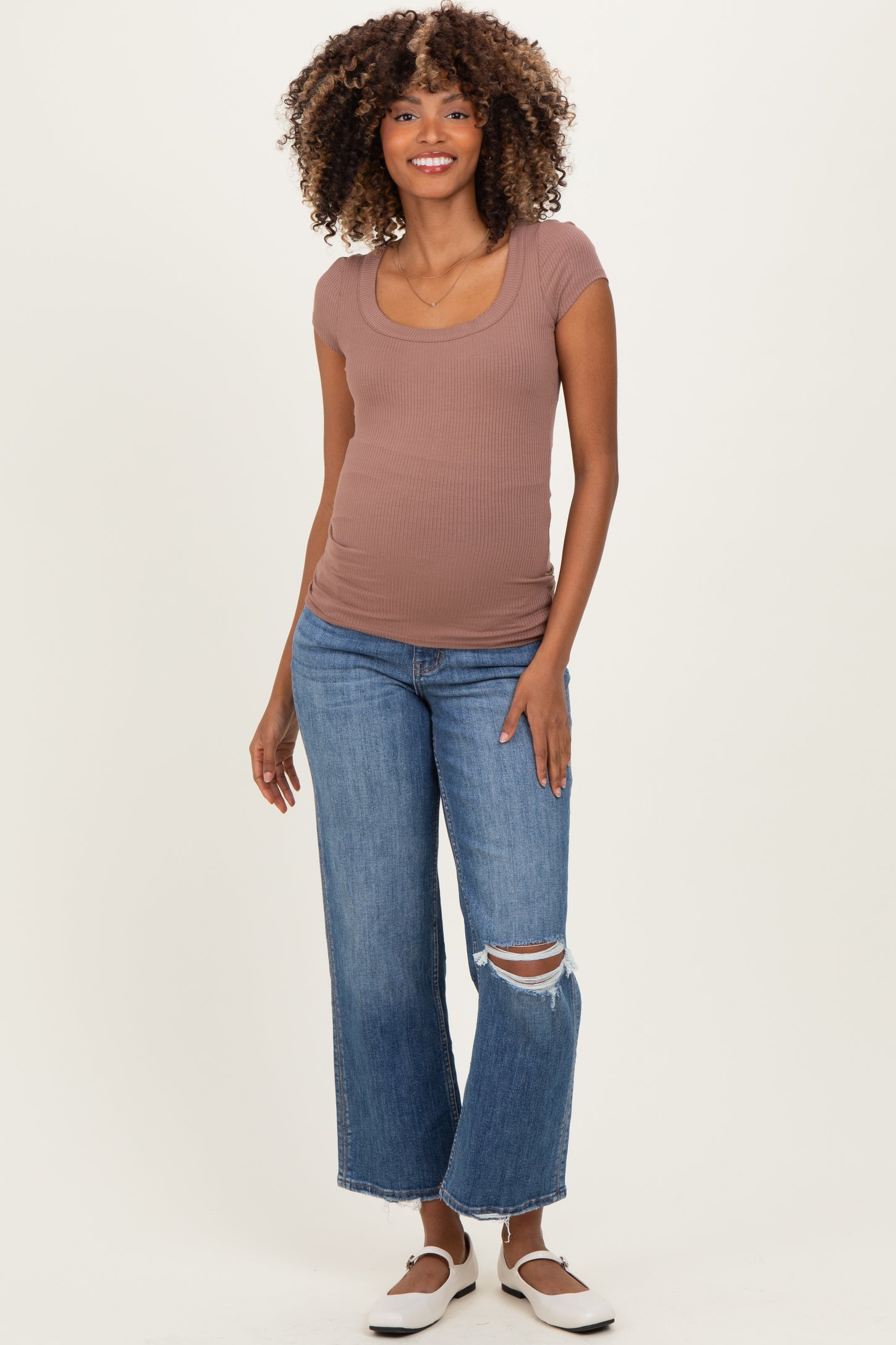Mocha Ribbed Rounded Square Neck Maternity Top