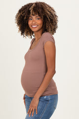 Mocha Ribbed Rounded Square Neck Maternity Top