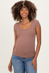Mocha Ribbed Rounded Square Neck Maternity Top