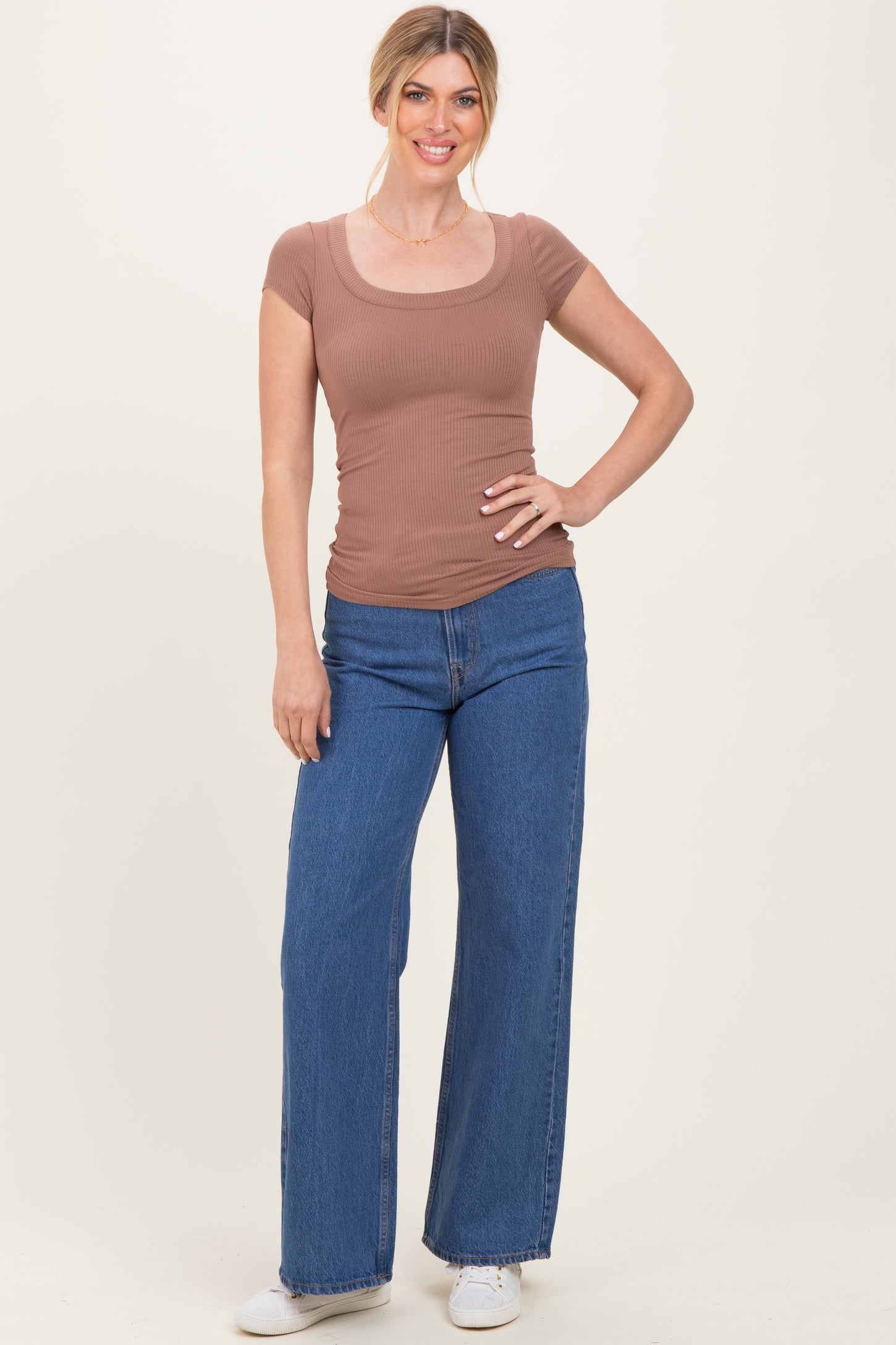 Mocha Ribbed Rounded Square Neck Top