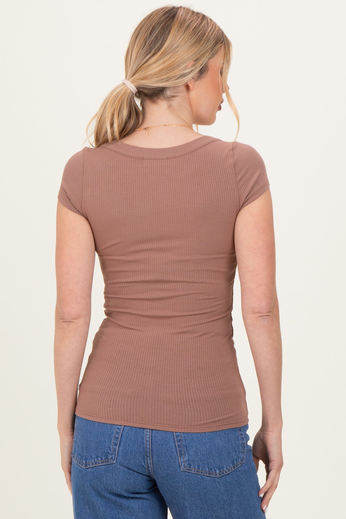 Mocha Ribbed Rounded Square Neck Top