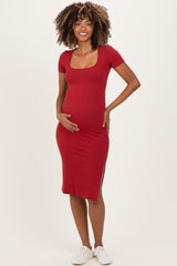 Red Square Neck Side Slit Maternity Midi Dress