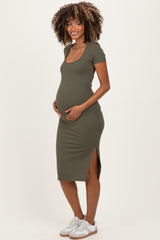 Olive Square Neck Side Slit Maternity Midi Dress