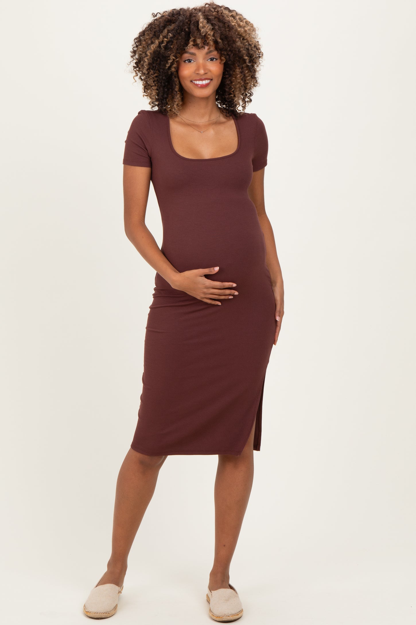 Brown Square Neck Side Slit Maternity Midi Dress