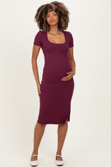 Wine Square Neck Side Slit Maternity Midi Dress